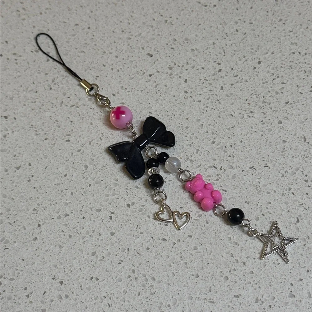 Black pink bow gummy bear metallic silver phone charm 7”